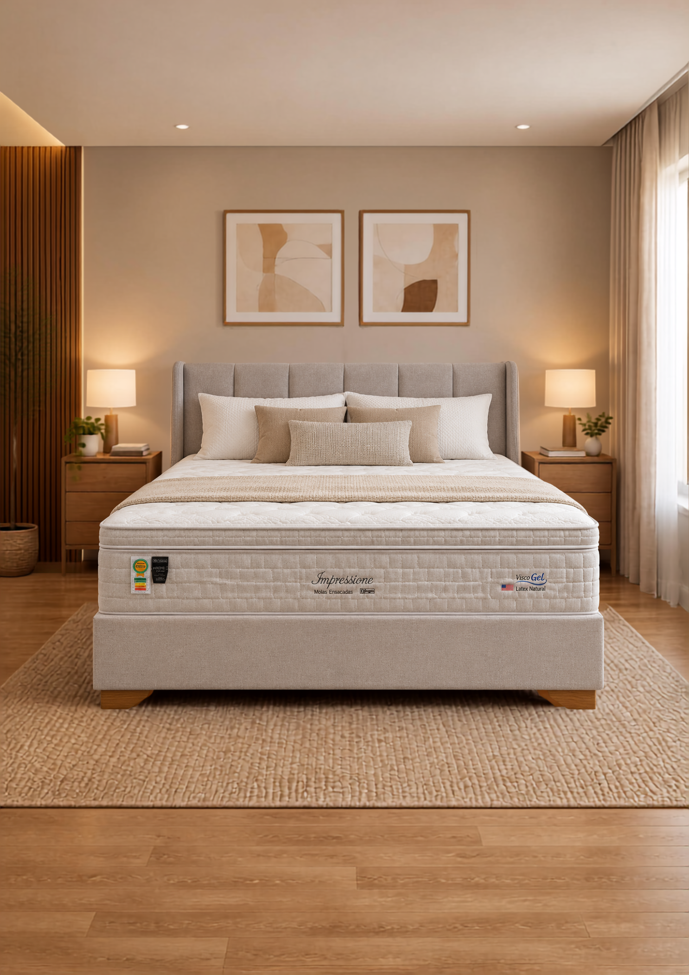 Quarto aconchegante em tons terracota e creme, com colchão Sonhar